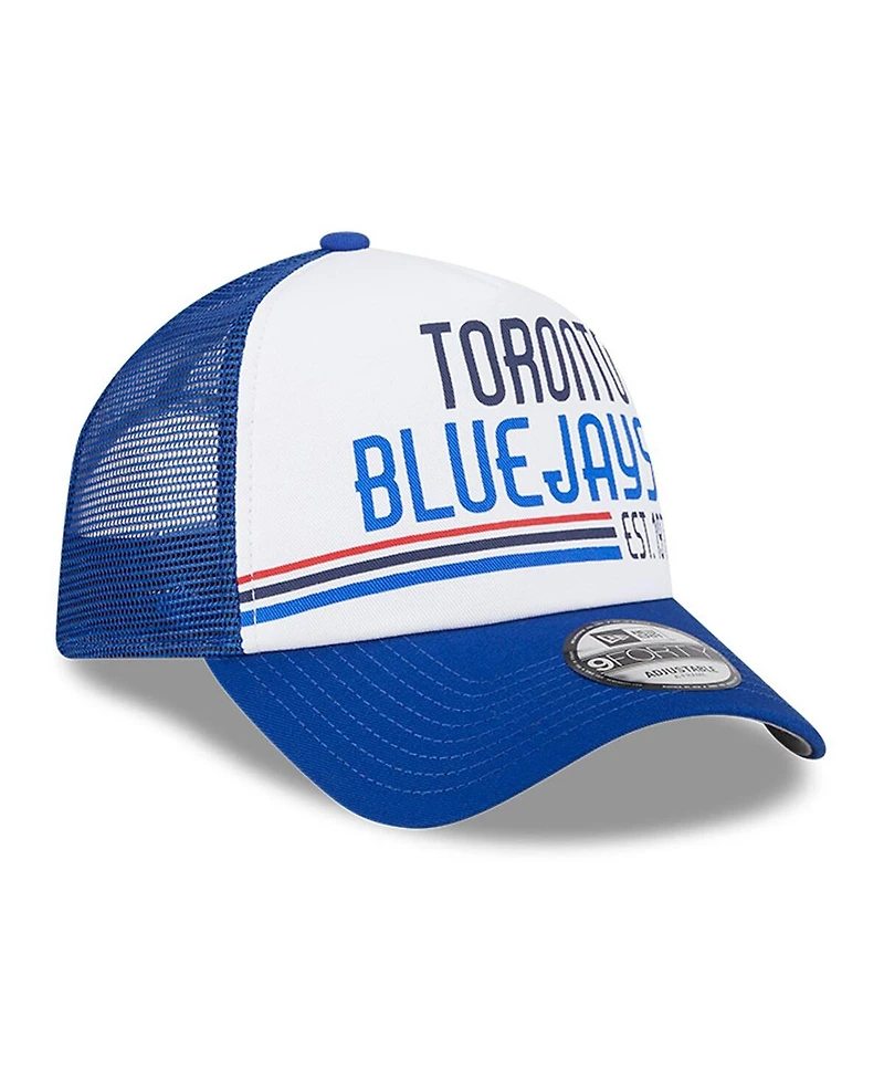 New Era Men's White/Royal Toronto Blue Jays Stacked A-Frame Trucker 9FORTY Adjustable Hat