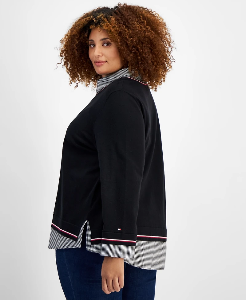 Tommy Hilfiger Plus Size Plaid Layered-Look Cotton Sweater