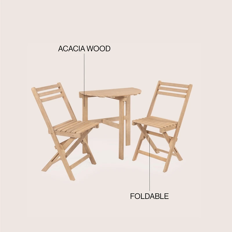 Jonathan Y Cadiz Classic French Country 3-Piece Acacia Wood Half-Round Outdoor Folding Bistro Set, Light Teak