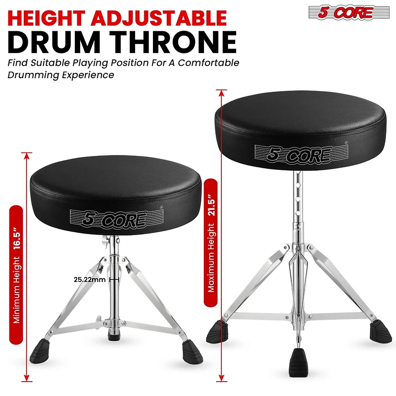 5 Core Drum Throne Comfortable Padded Guitar Stool Height Adjustable Music Dj Chair Heavy Duty Seat - Black
