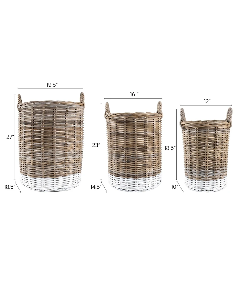 Jonathan Y Ternion Cottage Hand-Woven Rattan Nesting Baskets with Handles, Kubu Gray/White (Set of 3)
