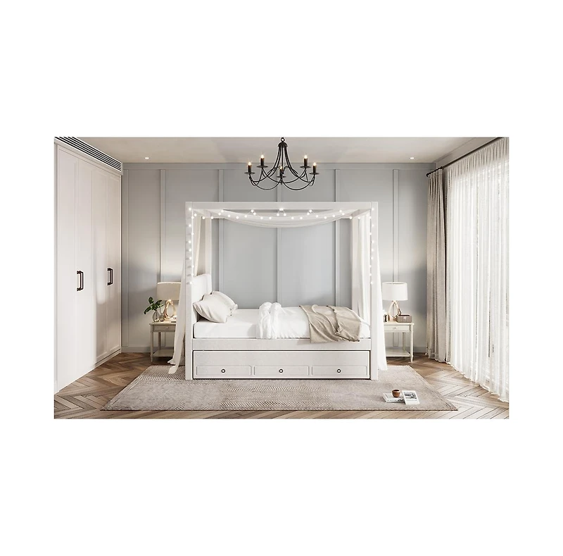 Streamdale Full Size Upholstered Canopy Bed with Trundle and Drawers