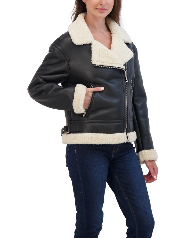 Sebby Collection Women's Moto Zip Front Faux Leather Shearling Jacket