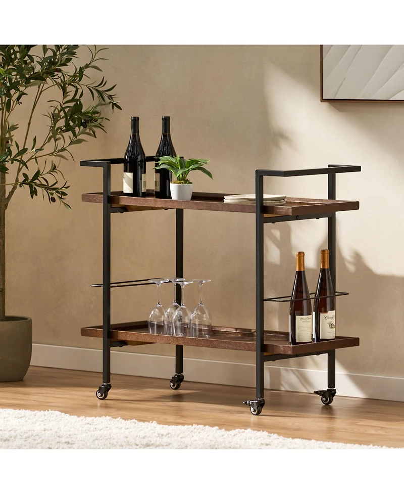 Simplie Fun Modern Industrial Bar Cart With Shelving, Bottle Holders, And Rolling Casters