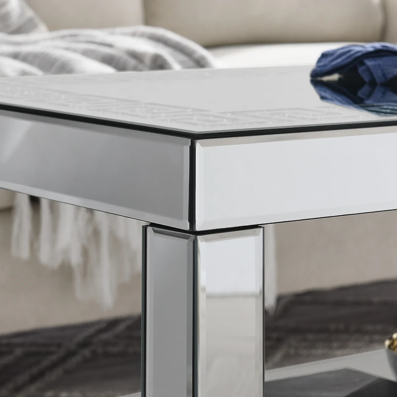 Simplie Fun Art Deco Mirror Coffee Table: Silver Mirror Glass with Diamond Edge Frame