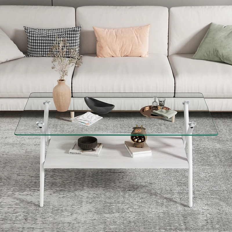 Streamdale Furniture Modern Glass Coffee Table with White Metal Legs