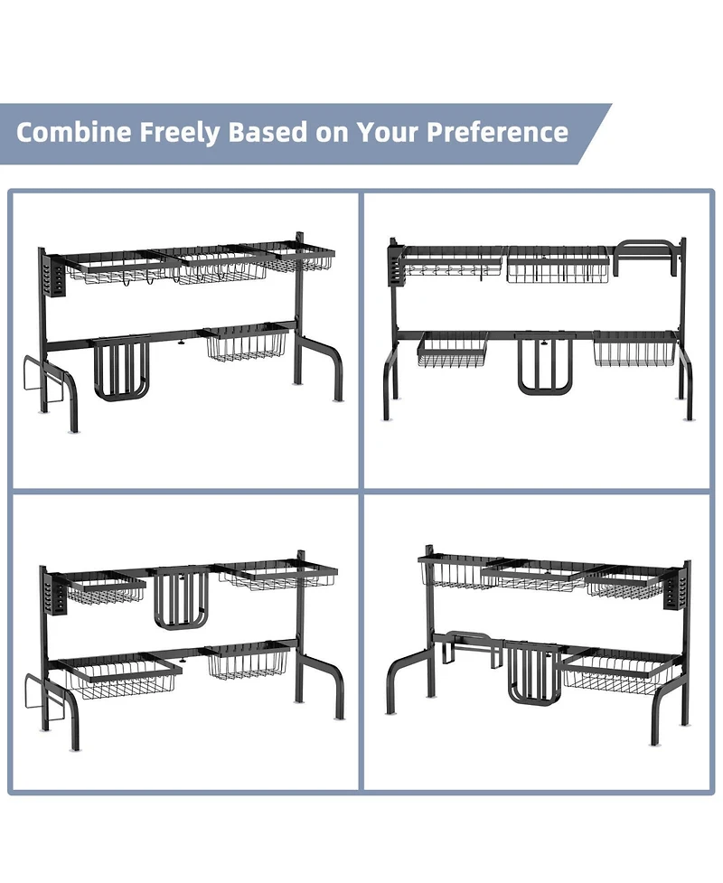 Slickblue 2 Tier Adjustable Over Sink Dish Drying Rack with 8 Hooks