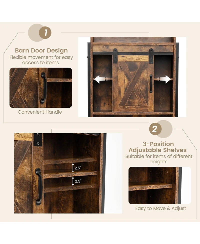 Sugift 4-Tier Multifunctional Toilet Storage Cabinet with Adjustable Shelf and Sliding Barn Door
