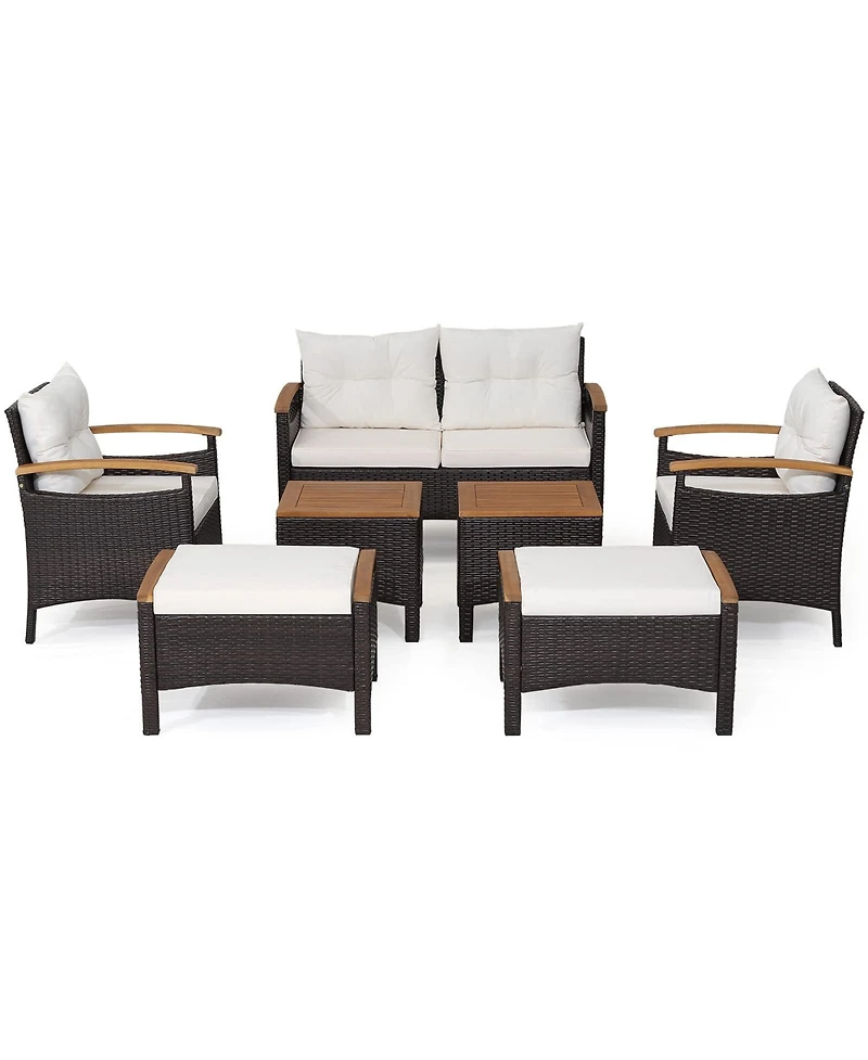 Sugift 7 Piece Rattan Patio Sofa Set with Acacia Wood Tabletop and Armrests