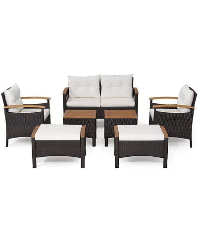 Sugift 7 Piece Rattan Patio Sofa Set with Acacia Wood Tabletop and Armrests