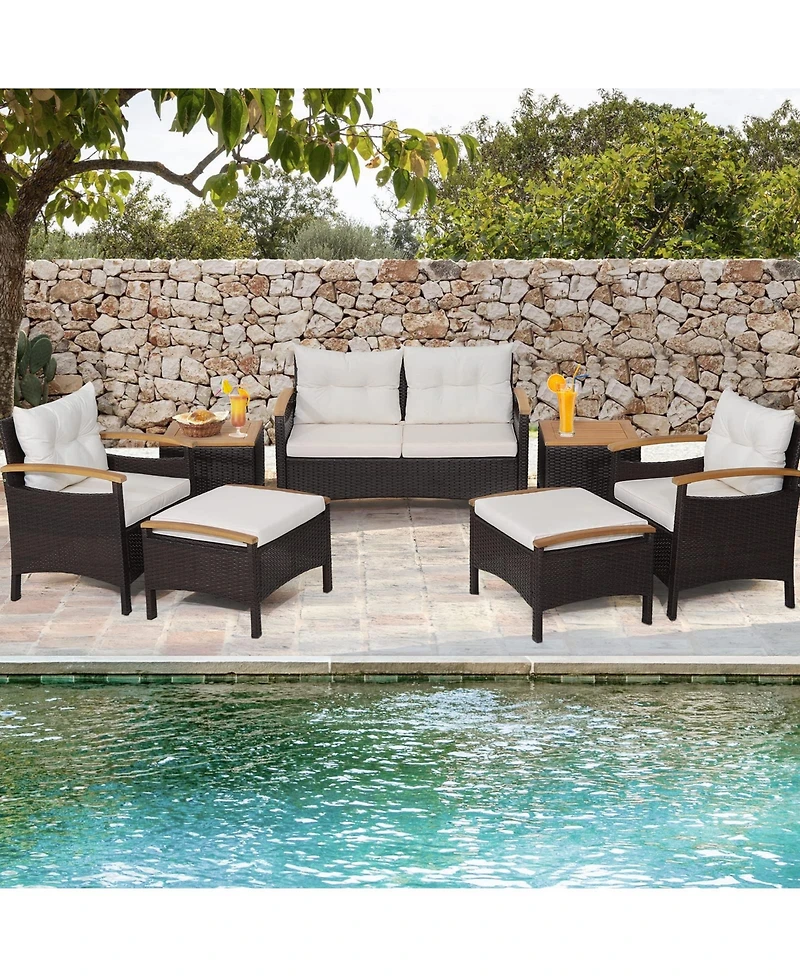 Sugift 7 Piece Rattan Patio Sofa Set with Acacia Wood Tabletop and Armrests