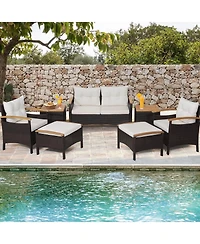 Sugift 7 Piece Rattan Patio Sofa Set with Acacia Wood Tabletop and Armrests