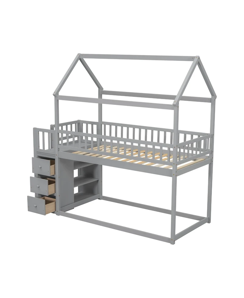 Simplie Fun Twin House Bunk Bed with Storage and Play Area in Gray