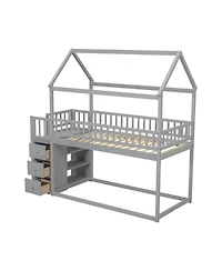 Simplie Fun Twin House Bunk Bed with Storage and Play Area in Gray