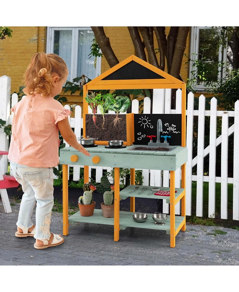 Costway Kids Kitchen Playset Outdoor Mud Kitchen with Root Viewer Planter Removable Sink