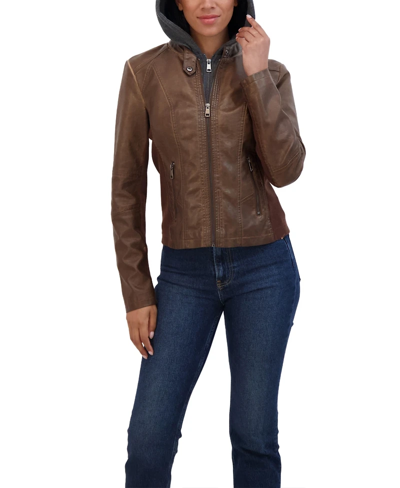 Sebby Collection Women's Zip Front Faux Leather Jacket With Removeable Hood Bib
