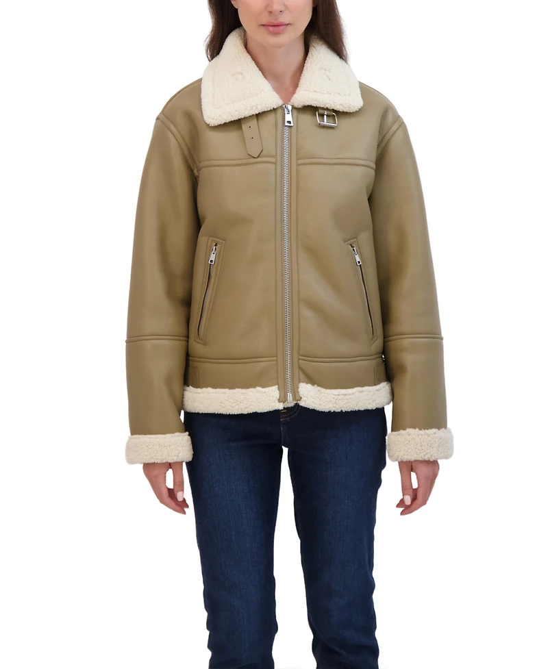 Sebby Collection Women's Zip Front Faux Leather Shearling Jacket