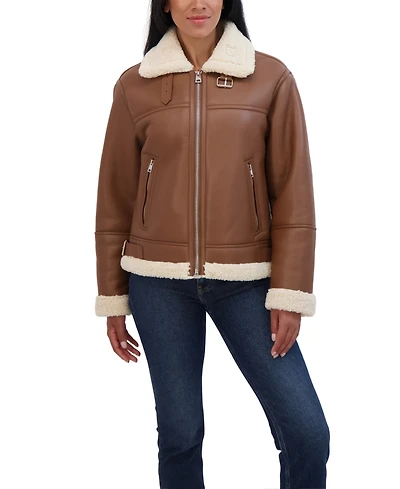 Sebby Collection Women's Zip Front Faux Leather Shearling Jacket