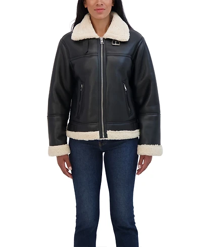 Sebby Collection Women's Zip Front Faux Leather Shearling Jacket