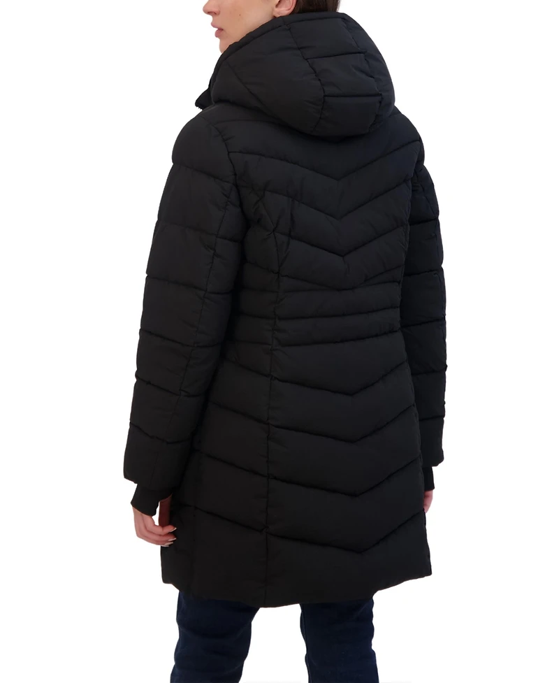 Sebby Collection Women's 3/4 Hooded Stretch Puffer Coat