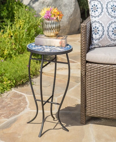 Streamdale Blue And White Ceramic Tile End Table With Matte Black Iron Frame