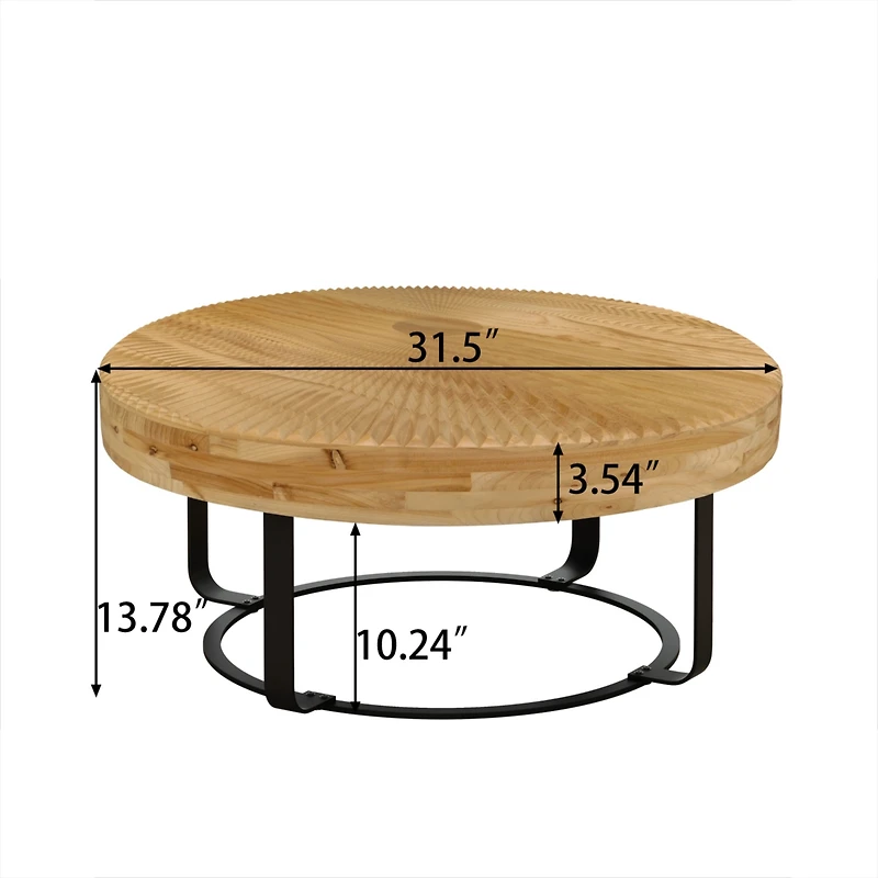 Streamdale Modern Round Coffee Table with Carved Pine Top and Metal Legs