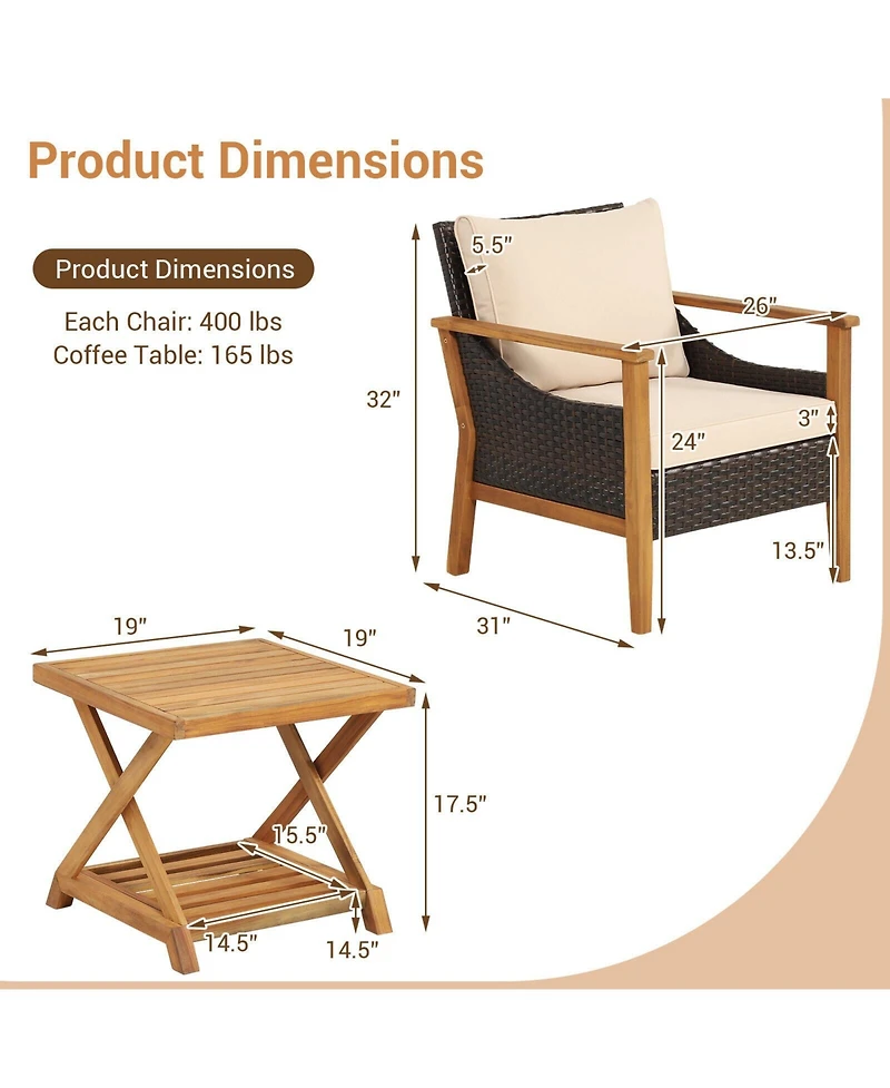 Slickblue 3 Pieces Patio Wicker Furniture Set with 2-Tier Side Table and Cushioned Armchairs