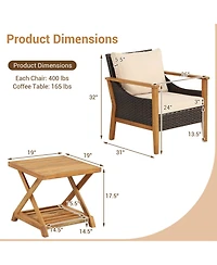 Slickblue 3 Pieces Patio Wicker Furniture Set with 2-Tier Side Table and Cushioned Armchairs