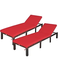 Gymax 2PCS Adjustable Patio Rattan Chaise Lounge Chair Recliner Outdoor w/ Red Cushion