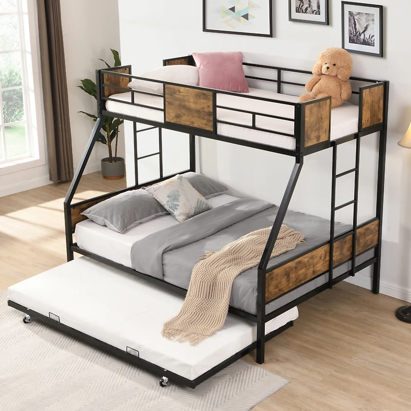 Simplie Fun Twin Over Full Bunk Bed with Trundle, Guardrails, Storage