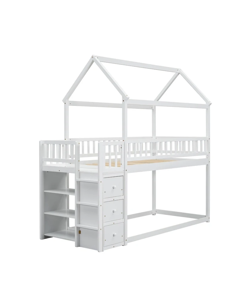 Simplie Fun Twin House Bunk Bed with Shelves, Drawers, and Playful Roof Design