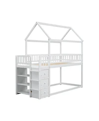 Simplie Fun Twin House Bunk Bed with Shelves, Drawers, and Playful Roof Design