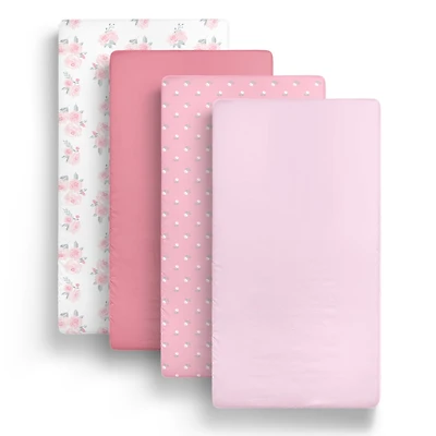 The Peanutshell Fitted Crib Sheet Set for Baby Girls, Pink Roses and Floral, 4 Pack Set