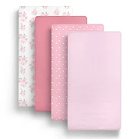 The Peanutshell Fitted Crib Sheet Set for Baby Girls, Pink Roses and Floral, 4 Pack Set