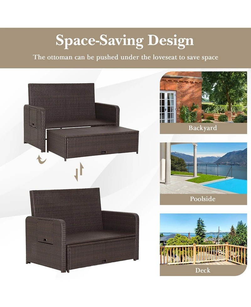 Slickblue Patio Rattan Daybed with 4-Level Adjustable Backrest and Retractable Side Tray-Brown