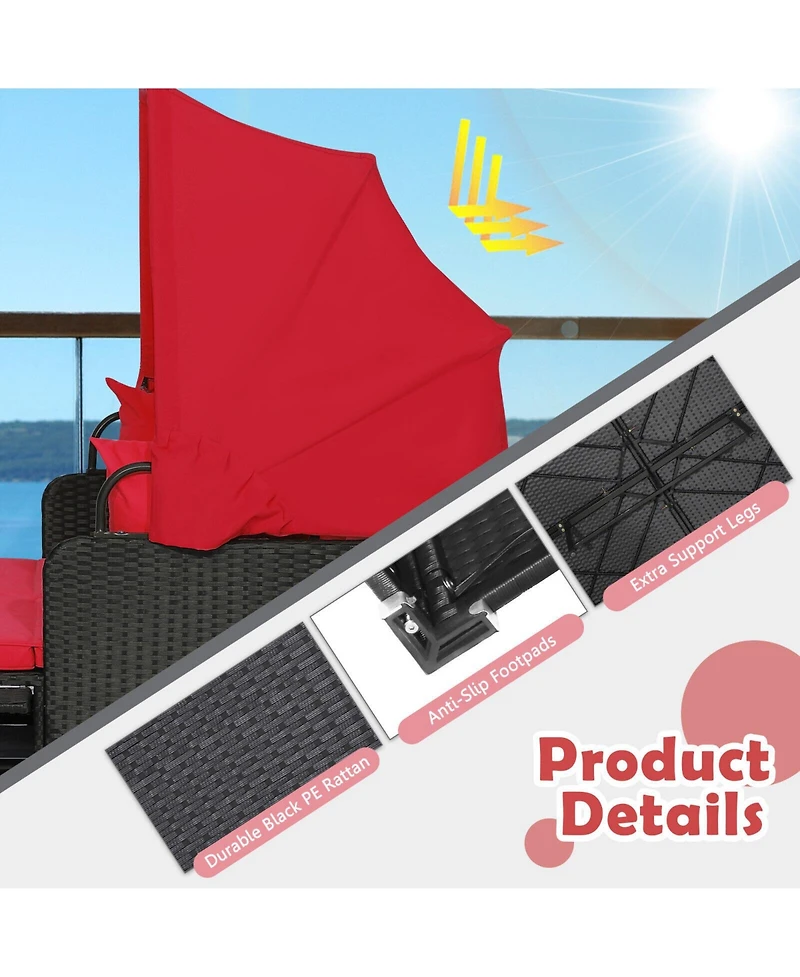 Slickblue Patio Rattan Daybed with Retractable Canopy and Side Tables-Red