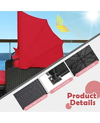 Slickblue Patio Rattan Daybed with Retractable Canopy and Side Tables-Red