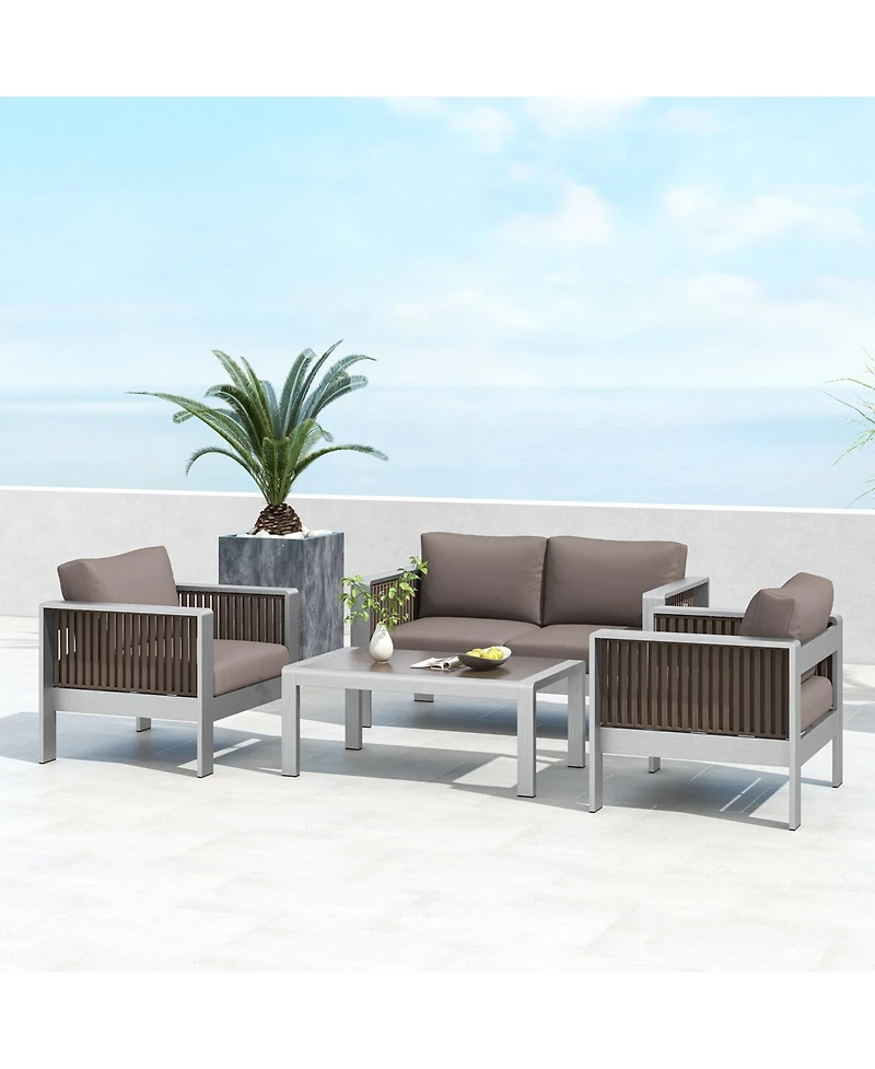 Slickblue Patio Aluminum Loveseat Sofa Outdoor Furniture Set with Thick Back and Seat Cushions-Grey