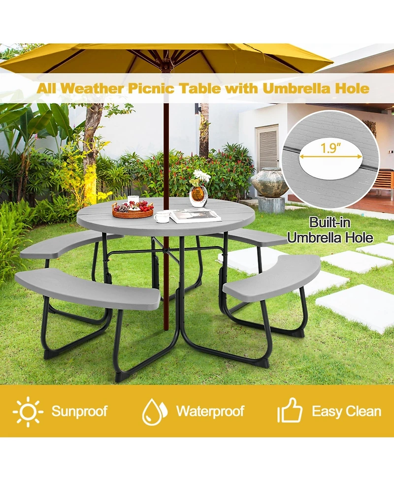 Outdoor 8-person Round Picnic Table Bench Set with 4 Benches & Umbrella Hole