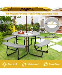 Outdoor 8-person Round Picnic Table Bench Set with 4 Benches & Umbrella Hole