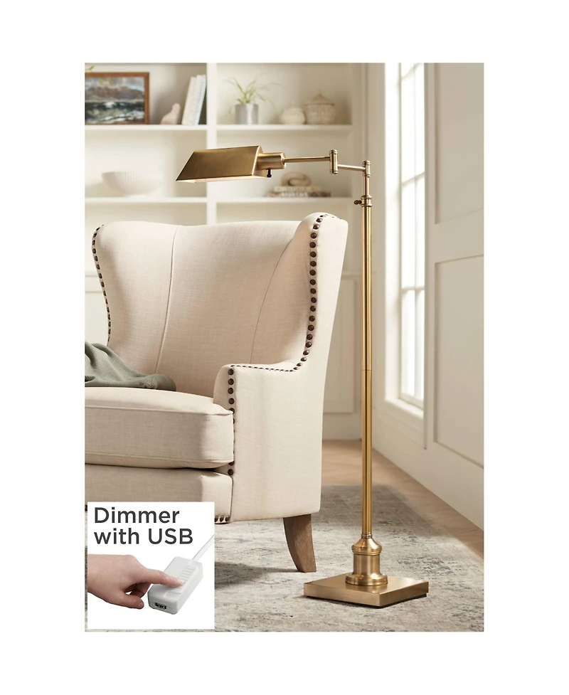 Regency Hill Industrial Adjustable Swing Arm Pharmacy Floor Lamp with Usb Charging Port 54" Tall Aged Brass Living Room Reading
