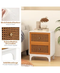 Slickblue Boho Accent Table Nightstand with 2 Handwoven Rattan Decorated Drawers-White