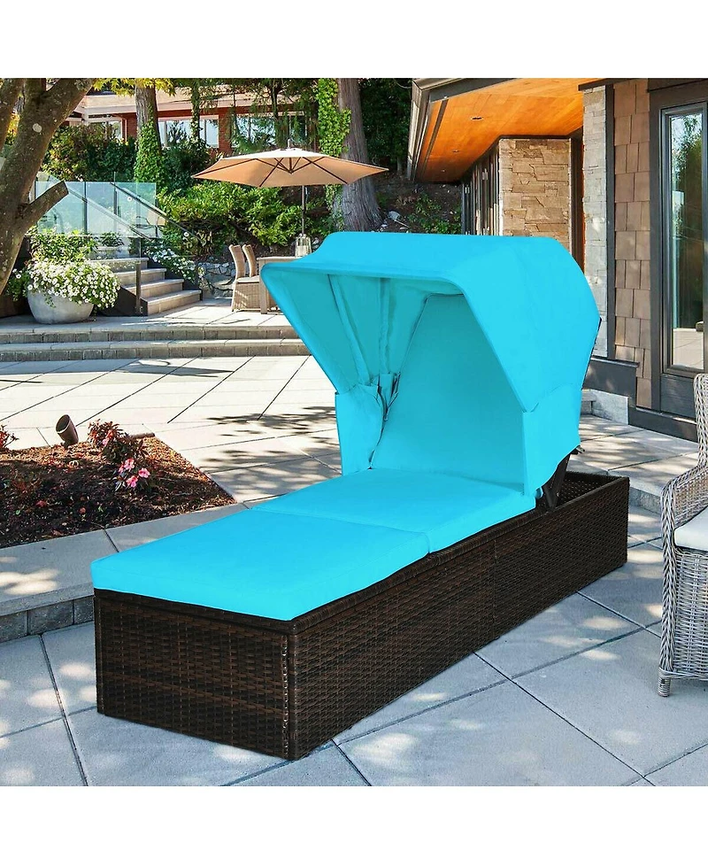 Slickblue Chaise Cushioned Top Canopy Patio Rattan Lounge Chair with Tea Table