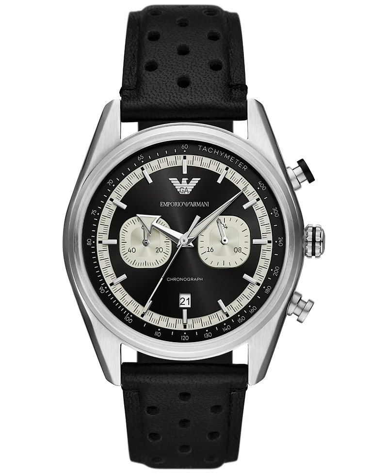 Emporio Armani Men's Chronograph Black Perforated Leather Strap Watch 42mm