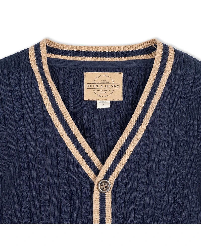 Hope & Henry Baby Boys Long Sleeve Cable Knit Cardigan Sweater with Stripe Trim