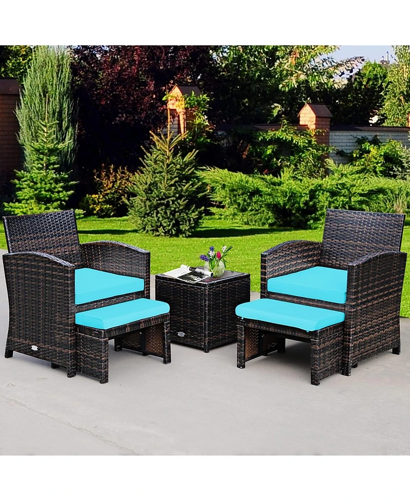 Sugift 5 Pieces Patio Rattan Furniture Set with Ottoman and Tempered Glass Coffee Table