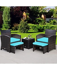 Sugift 5 Pieces Patio Rattan Furniture Set with Ottoman and Tempered Glass Coffee Table