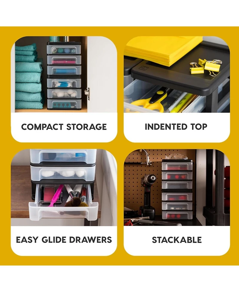 Iris Usa Small 3-Drawer Plastic Desktop Organizer, 2 Pack, Stackable Office School Stationery Makeup Bathroom Utility Medical Supplies, Black