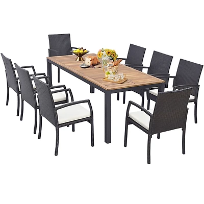 Costway 9 Pcs Patio Rattan Dining Set with Acacia Wood Table, Cushions