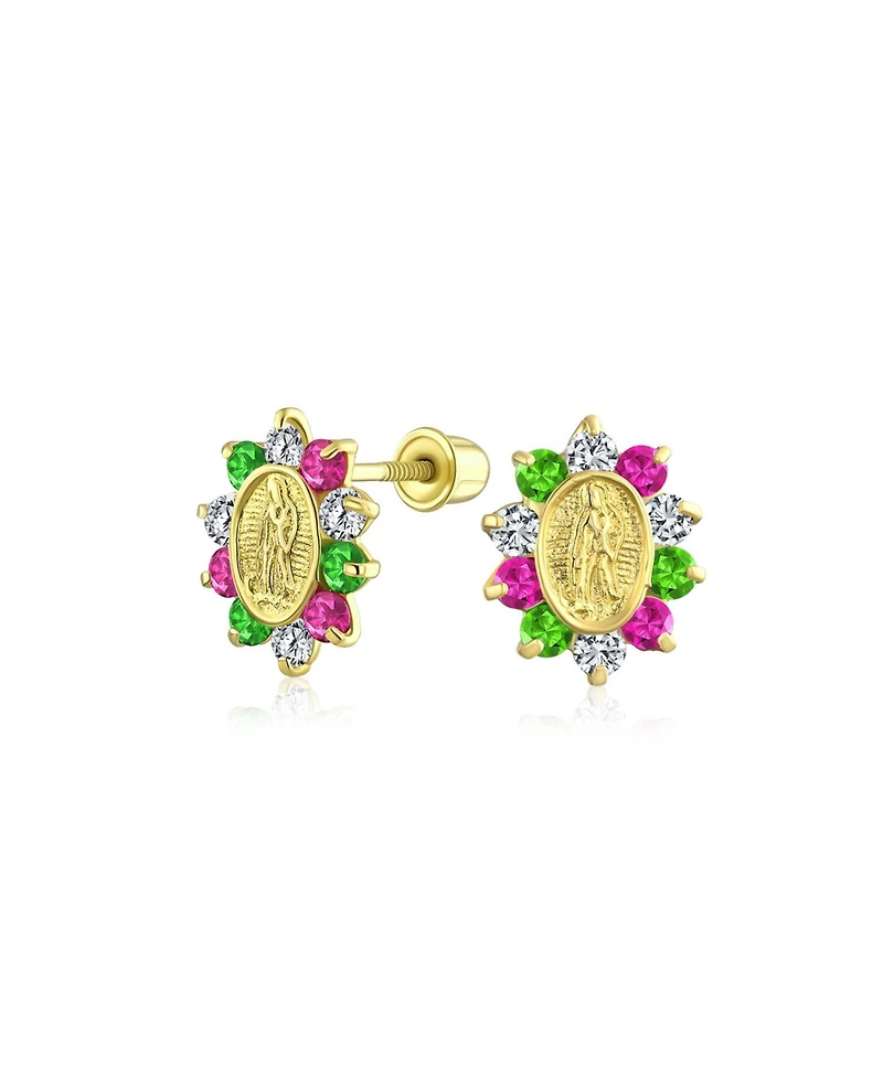 Bling Jewelry Small Green Pink Cubic Zirconia Cz Holy Mother Religious Medallion Style OvalYellow 14K Gold Virgin Mary Stud Earrings Women